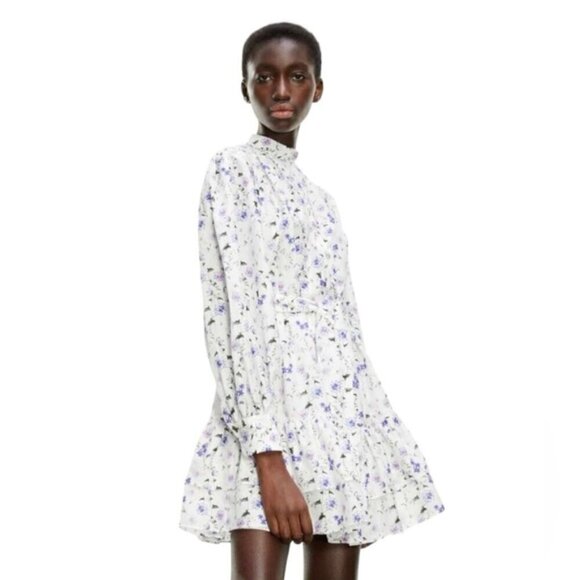 The Kooples - Short Printed Dress with Long Sleeves - Ecru/Lavender. Size:1(US). - Picture 8 of 16